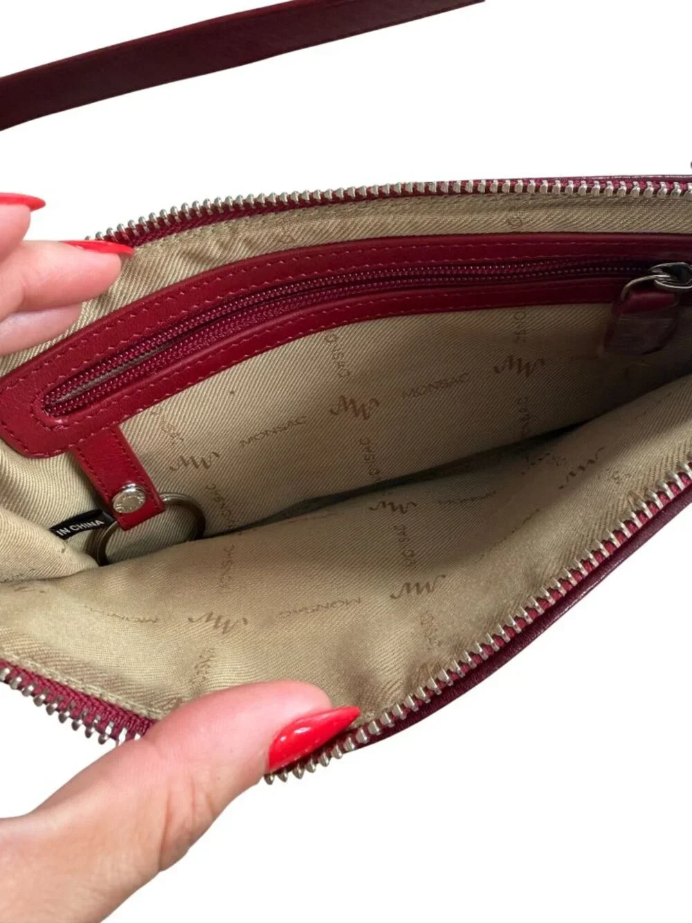 MONSAC Red Boucle Fabric Leather Shoulder Bag